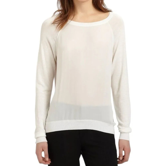 Vince Off White Silk Front Panel Linen Blend Knit Pullover Sweater L - Picture 1 of 6
